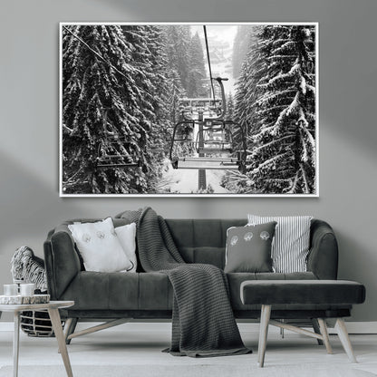 19240-MGV-CV-36X24-Ski Lift Wall Art – Black and White Winter Mountain Canvas Print, Snowy Forest Ski Resort Photography for Cabin, Lodge, Office or