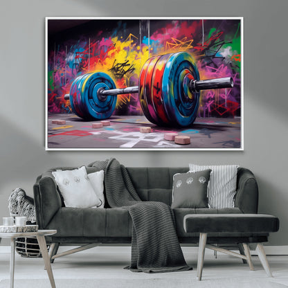 13549-MGV-CV-36X24-Graffiti Gym Wall Art Canvas Print, Framed Graffiti Barbell Art Picture Print, Weightlifting Perfect Fitness Studio Decor Artwork