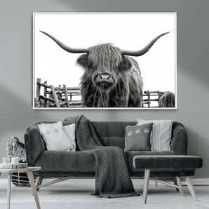 58188-MGV-CV-36X24-Highland Cow Wall Art – Black and White Rustic Farmhouse Canvas Print, Longhorn Cattle Photography Decor for Living Room or