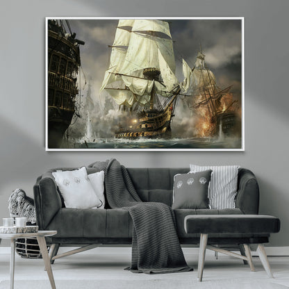 26512-MGV-CV-36X24-Naval Battle Wall Art – Dramatic Tall Ship Canvas Print, Historic Pirate Sailing War Scene, Nautical Decor for Office, Study or