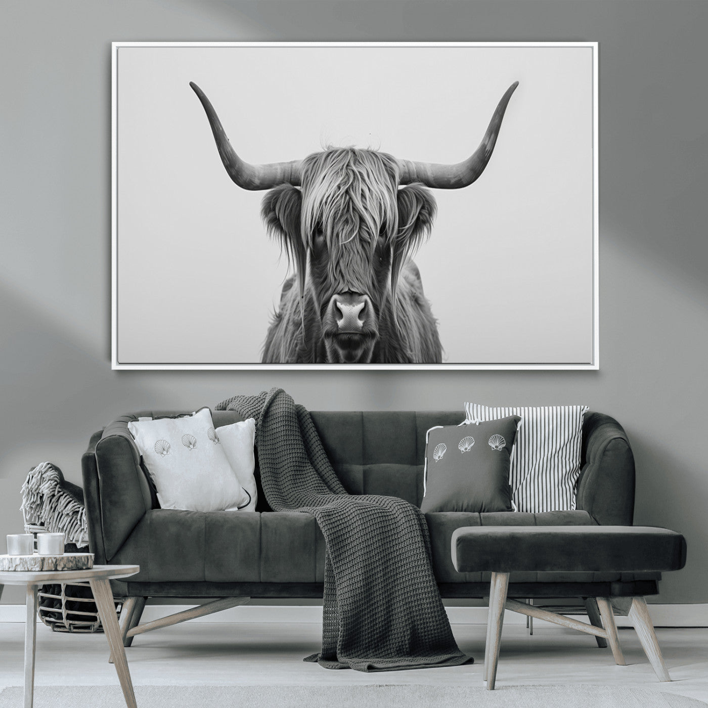 35820-MGV-CV-36X24-Minimalist Highland Cow Wall Art – Black and White Longhorn Cattle Canvas Print, Modern Farmhouse Animal Photography Decor for