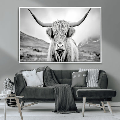 80564-MGV-CV-36X24-Highland Cow Wall Art – Black and White Scottish Highland Canvas Print, Rustic Farmhouse Decor for Living Room, Bedroom or Office