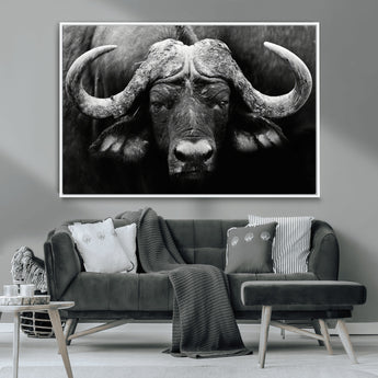 75273-MGV-CV-36X24-Buffalo Wall Art – Black and White African Buffalo Canvas Print, Rustic Wildlife Animal Artwork for Farmhouse, Living Room,
