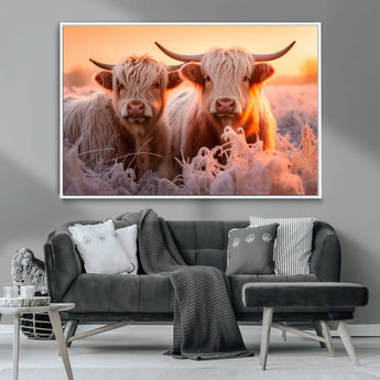 68253-MGV-CV-36X24-Highland Cow Wall Art – Rustic Farmhouse Cattle Canvas Print, Frosty Sunset Animal Artwork for Living Room, Bedroom or Country