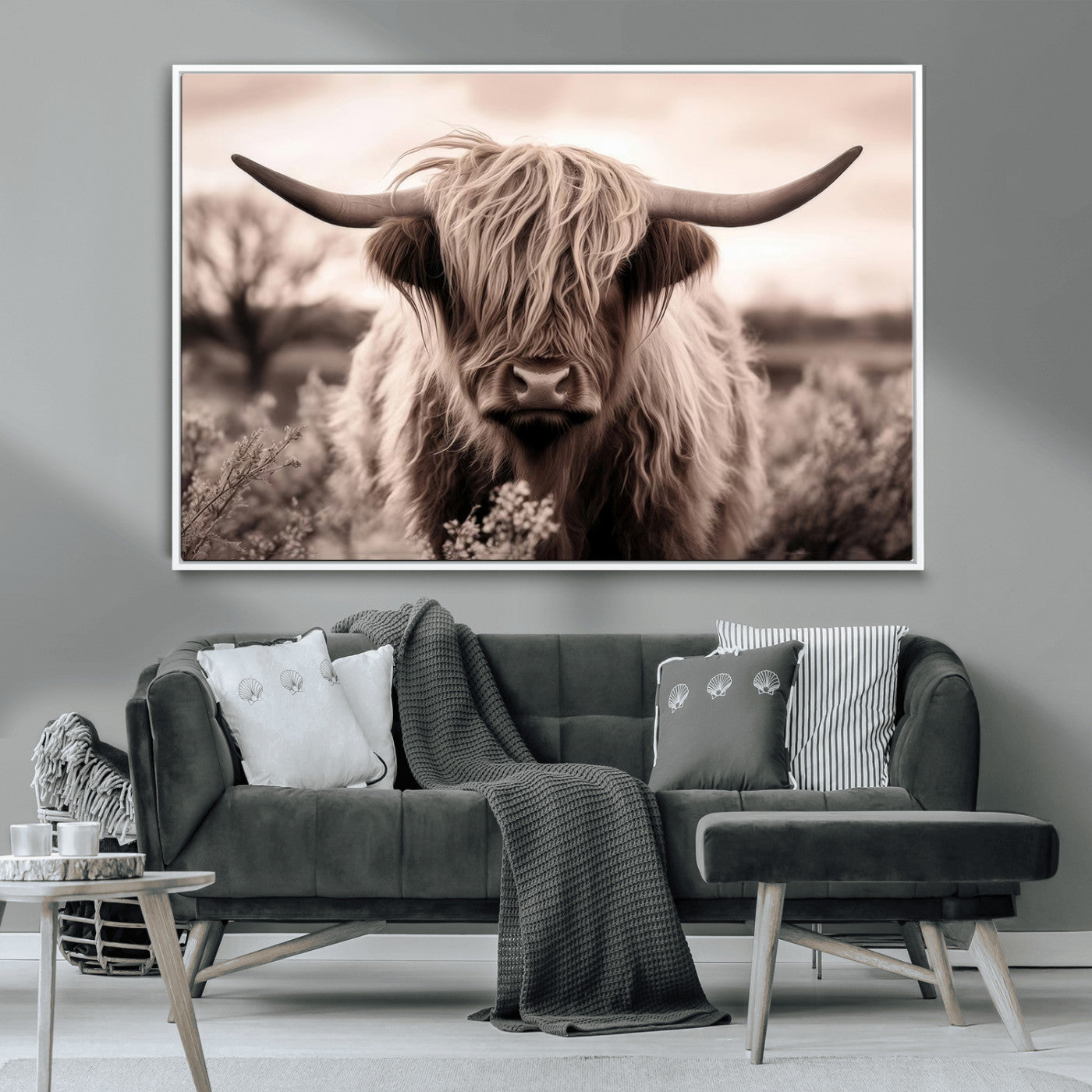 55903-MGV-CV-36X24-Highland Cow Wall Art – Rustic Sepia Scottish Highland Bull Canvas Print, Farmhouse Country Animal Decor for Living Room, Bedroom
