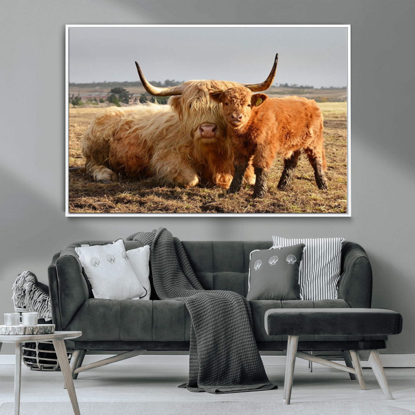 53461-MGV-CV-36X24-Highland Cow Family Wall Art – Rustic Farmhouse Animal Canvas Print, Country Decor for Living Room, Bedroom or Office, Calf and