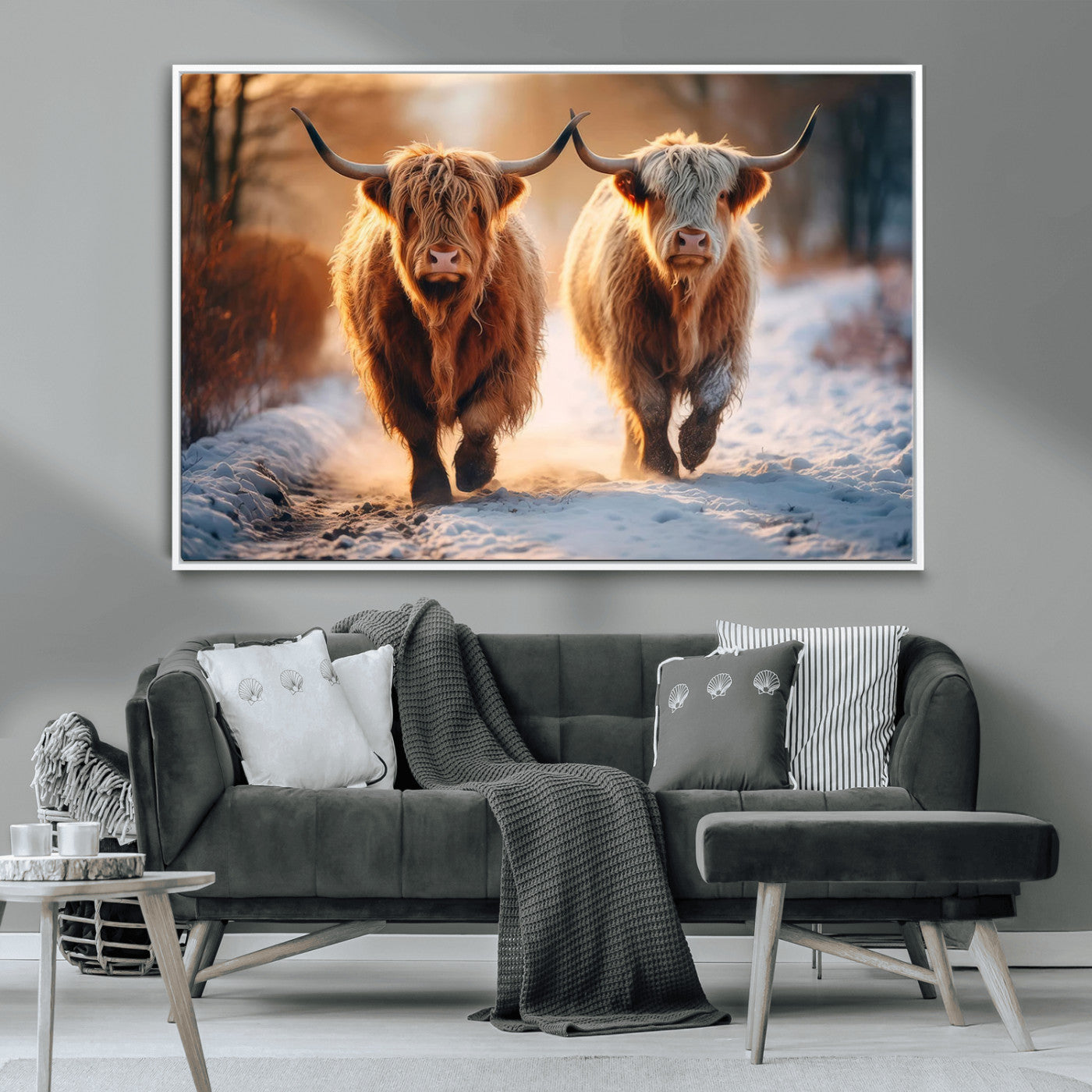 50490-MGV-CV-36X24-Highland Cow Wall Art – Rustic Panoramic Canvas Print Two Cattle Snowy Landscape, Farmhouse Country Decor for Living Room Office