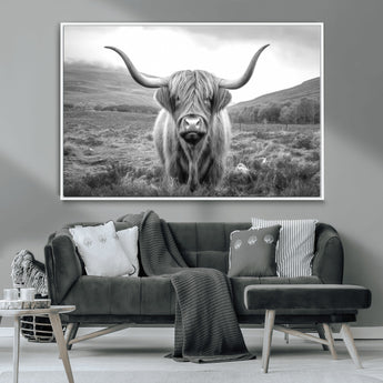 52903-MGV-CV-36X24-Highland Cow Wall Art – Black and White Canvas Print Rustic Cattle Portrait, Farmhouse Country Decor for Living Room, Office,