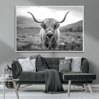 52903-MGV-CV-36X24-Highland Cow Wall Art – Black and White Canvas Print Rustic Cattle Portrait, Farmhouse Country Decor for Living Room, Office,