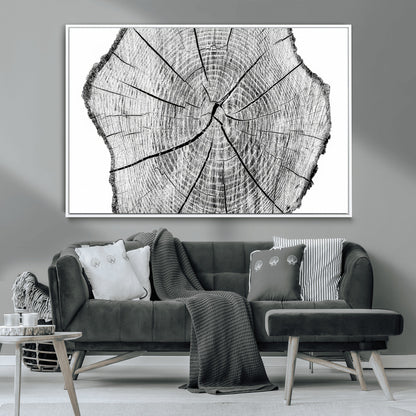 98709-MGV-CV-36X24-Tree Ring Wall Art – Black and White Canvas Print Rustic Wood Cross Section, Minimal Nature Inspired Decor for Living Room,