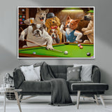 34228-MGV-CV-36X24-Dogs Playing Pool Wall Art Canvas Print, Framed Funny Dog Art Picture Print, Dog Perfect Game Room Decor Artwork