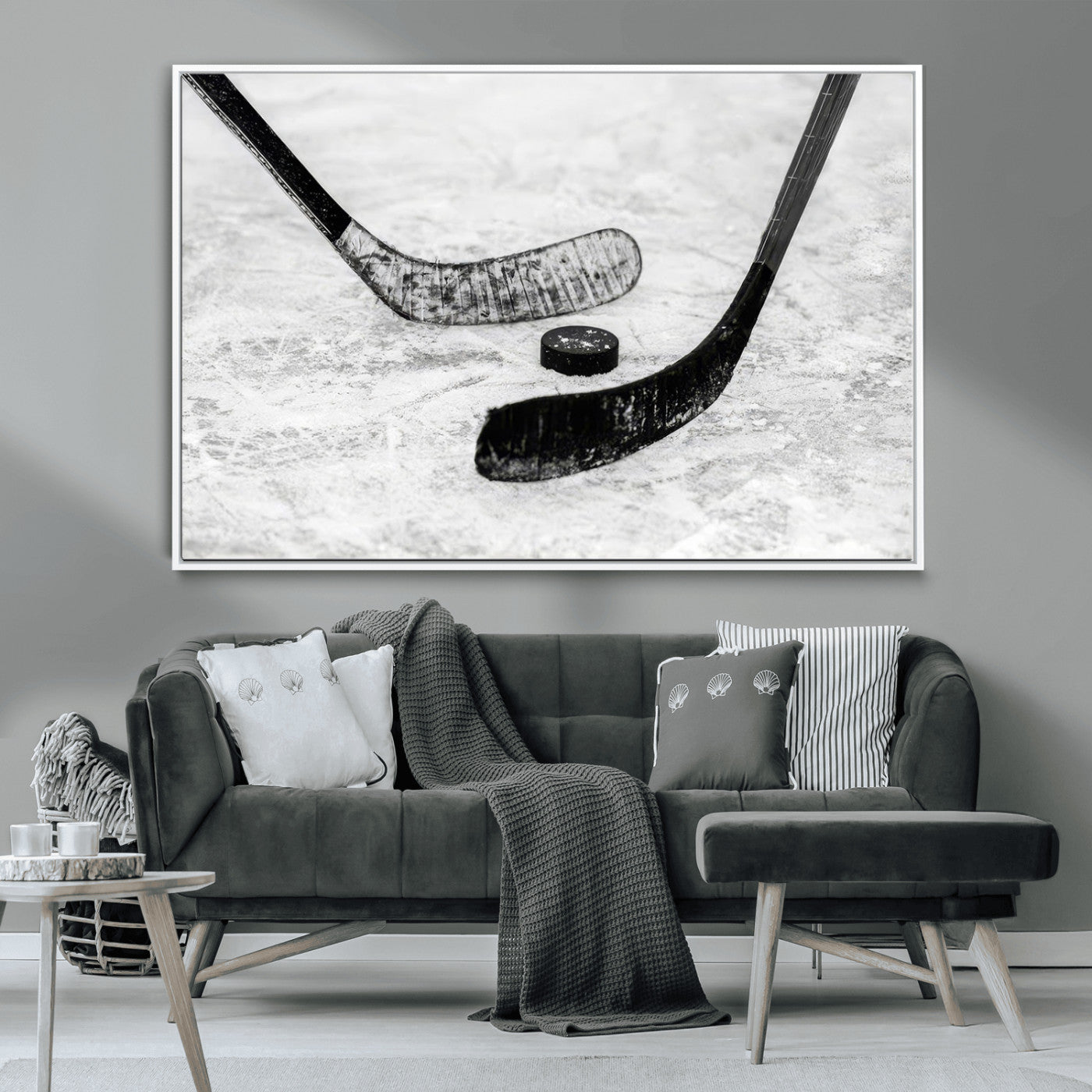 82900-MGV-CV-36X24-Hockey Wall Art – Black and White Canvas Print Ice Rink Sticks Puck Sports Photography, Modern Decor for Game Room, Man Cave,