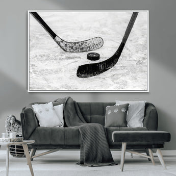 82900-MGV-CV-36X24-Hockey Wall Art – Black and White Canvas Print Ice Rink Sticks Puck Sports Photography, Modern Decor for Game Room, Man Cave,