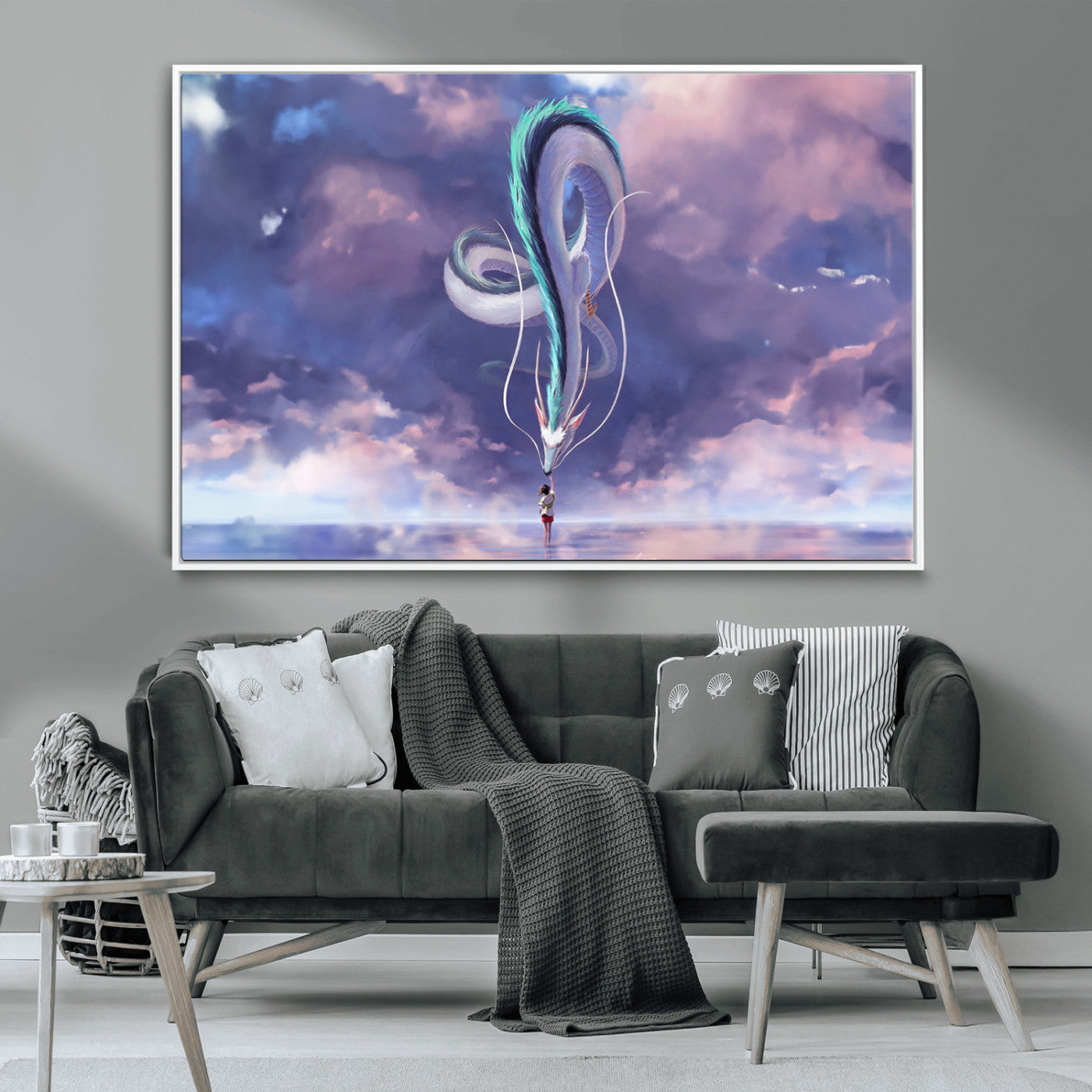 66864-MGV-CV-36X24-Fantasy Dragon Wall Art – Mystical Canvas Print Girl and Sky Serpent Dreamlike Clouds, Magical Anime Inspired Decor for Living