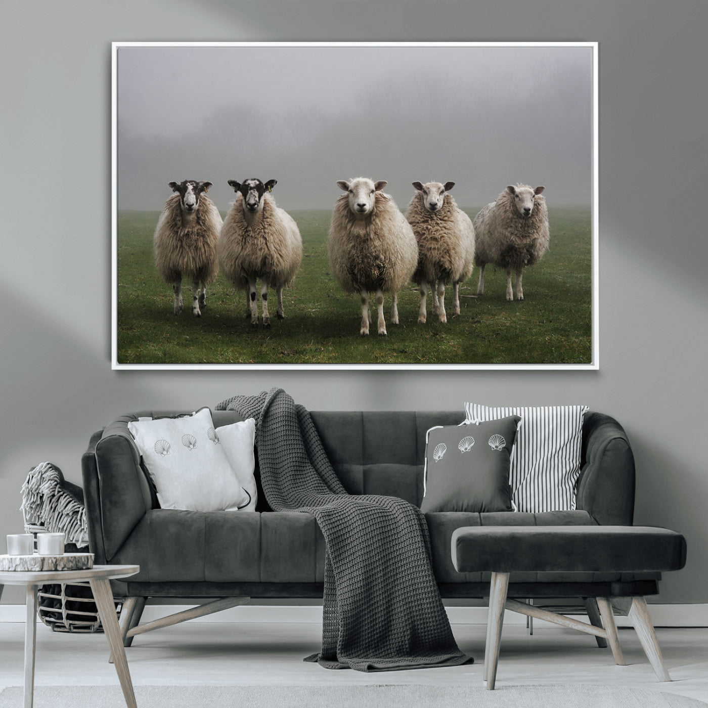 87339-MGV-CV-36X24-Sheep Wall Art – Rustic Farmhouse Canvas Print Flock Standing Misty Field Countryside Photography, Country Animal Decor for Living