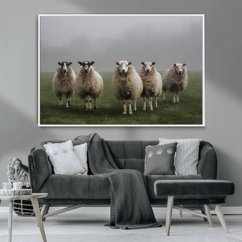 87339-MGV-CV-36X24-Sheep Wall Art – Rustic Farmhouse Canvas Print Flock Standing Misty Field Countryside Photography, Country Animal Decor for Living