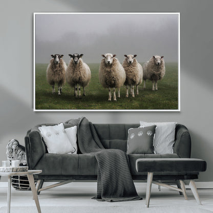 87339-MGV-CV-36X24-Sheep Wall Art – Rustic Farmhouse Canvas Print Flock Standing Misty Field Countryside Photography, Country Animal Decor for Living