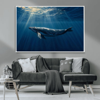 18052-MGV-CV-36X24-Whale Wall Art – Majestic Ocean Canvas Print Marine Life Underwater Sunlight Scene, Nautical Coastal Decor for Living Room,