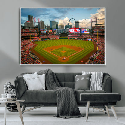 91908-MGV-CV-36X24-Baseball Stadium Wall Art – Canvas Print Game Day Field City Skyline Iconic Arch Scene Sports Photography, Decor for Game Room,
