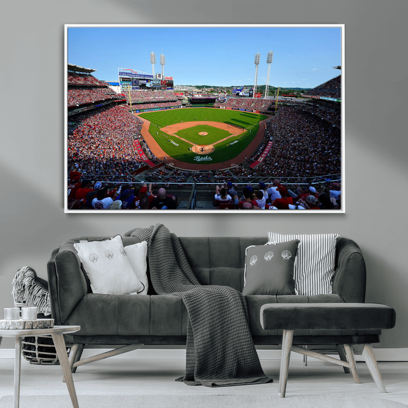 90998-MGV-CV-36X24-Baseball Stadium Wall Art – Canvas Print Day Game Field Packed Crowd Bright Blue Sky Sports Photography, Classic Decor for Game