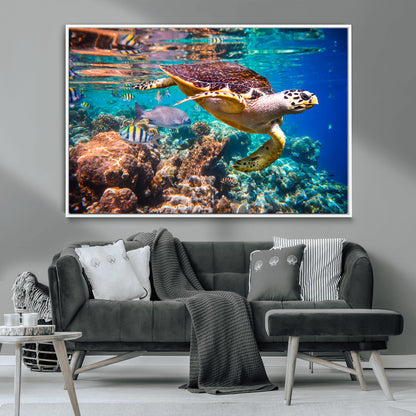 66614-MGV-CV-36X24-Sea Turtle Wall Art – Hawksbill Turtle Swimming Over Coral Reef Canvas Print, Ocean Marine Life Decor for Beach House, Coastal
