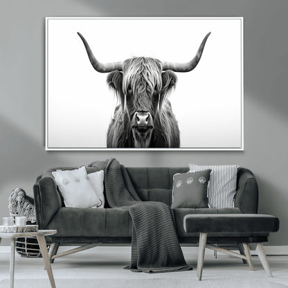 49556-MGV-CV-36X24-Highland Cow Wall Art – Black and White Scottish Highland Cattle Print, Rustic Farmhouse Minimalist Animal Portrait Canvas for
