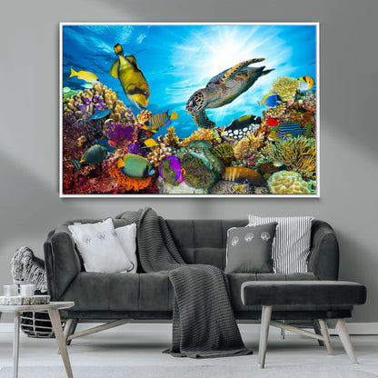 44772-MGV-CV-36X24-Underwater Sea Turtle Wall Art – Vibrant Coral Reef and Tropical Fish Canvas Print, Ocean Marine Life Decor for Living Room,
