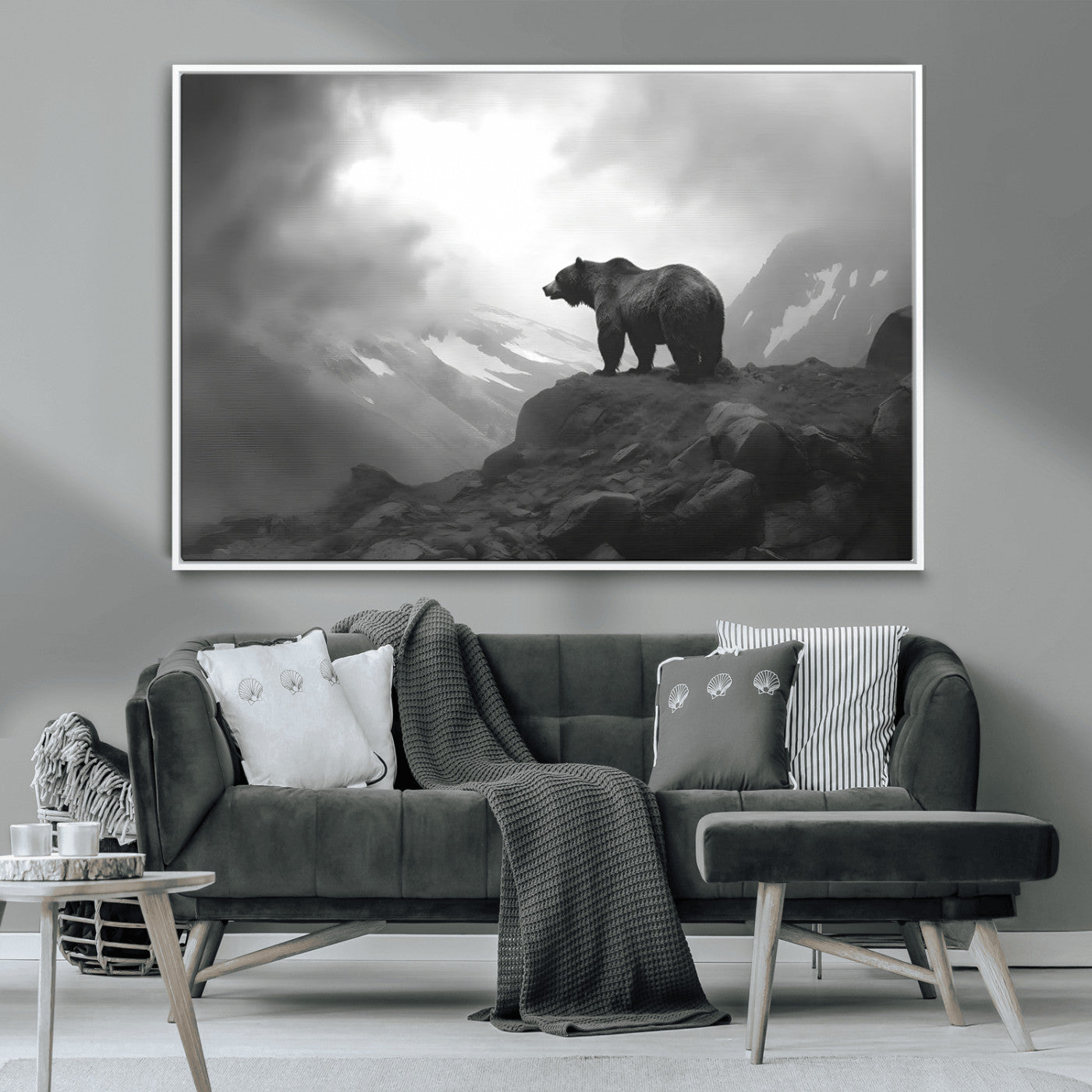 49504-MGV-CV-36X24-Black and White Grizzly Bear Wall Art – Wilderness Wildlife Painting, Rustic Mountain Cabin Decor, Monochrome Animal Print for