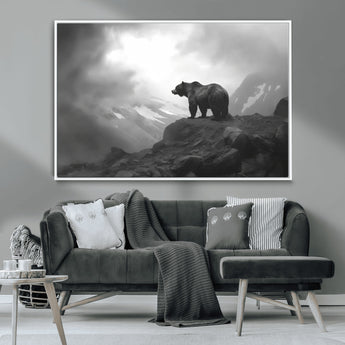49504-MGV-CV-36X24-Black and White Grizzly Bear Wall Art – Wilderness Wildlife Painting, Rustic Mountain Cabin Decor, Monochrome Animal Print for
