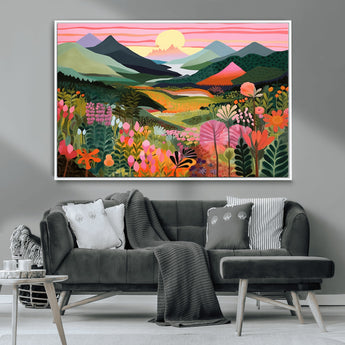 99638-MGV-CV-36X24-Sunset Meadow Wall Art – Panoramic Mountain Landscape with Wildflowers Canvas Print, Vibrant Nature Decor for Living Room, Bedroom