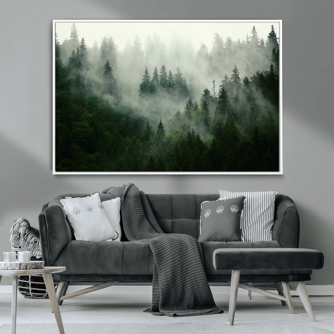 167720496-MGV-CV-36X24-Misty Forest Wall Art – Serene Evergreen Trees Canvas Print, Foggy Mountain Nature Landscape Decor for Bedroom, Living Room or