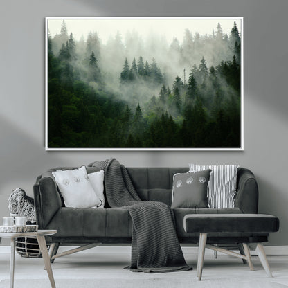 167720496-MGV-CV-36X24-Misty Forest Wall Art – Serene Evergreen Trees Canvas Print, Foggy Mountain Nature Landscape Decor for Bedroom, Living Room or