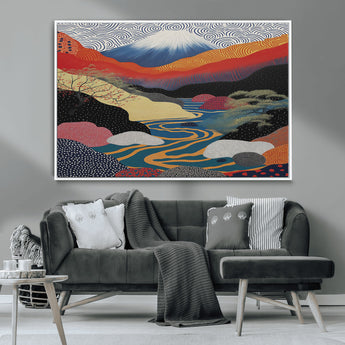 32131-MGV-CV-36X24-Japanese Mount Fuji Wall Art – Abstract Landscape Canvas Print with Swirling Sky & River, Modern Minimalist Asian Inspired Poster
