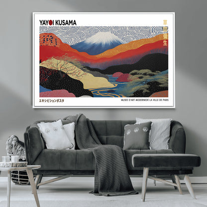 14839-MGV-CV-36X24-Yayoi Kusama Wall Art – Panoramic Mountain & River Canvas Print, Modern Abstract Japanese Landscape Decor for Living Room or