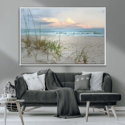 Test1001-MGV-CV-36X24-Coastal Beach Wall Art – Panoramic Ocean Waves and Sandy Dunes Canvas Print, Serene Seascape with Sea Oats for Relaxing Home or
