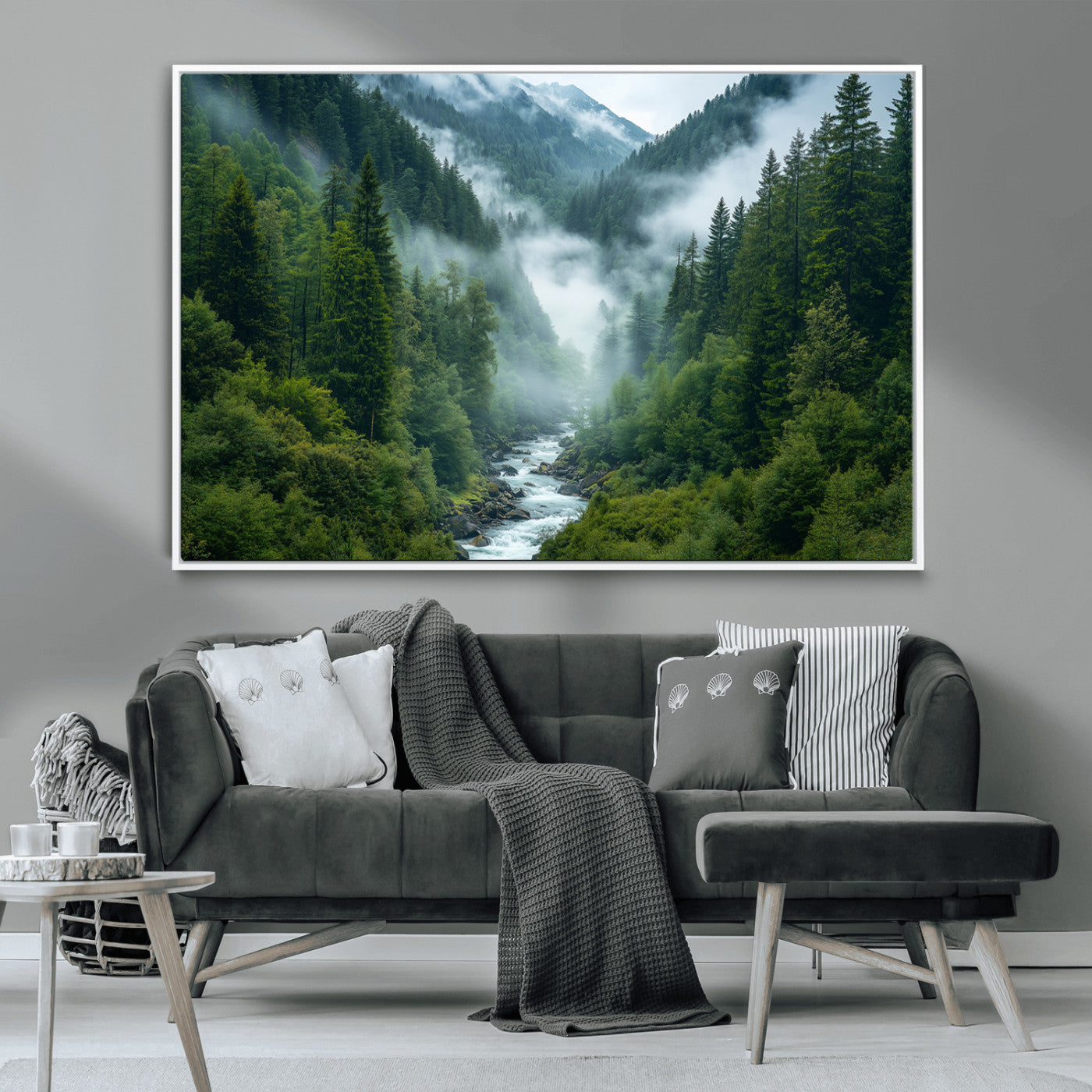 69453-MGV-CV-36X24-Mountain Forest Wall Art – Misty River and Evergreen Landscape Canvas Print, Nature Photography Poster for Living Room, Bedroom,
