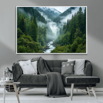 69453-MGV-CV-36X24-Mountain Forest Wall Art – Misty River and Evergreen Landscape Canvas Print, Nature Photography Poster for Living Room, Bedroom,