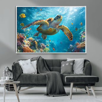 37623-MGV-CV-36X24-Sea Turtle Wall Art – Underwater Ocean Canvas Print with Coral Reef and Tropical Fish, Marine Life Painting Poster for Living
