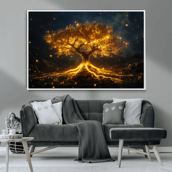 60194-MGV-CV-36X24-Glowing Tree Wall Art – Golden Roots Fantasy Canvas Print, Mystical Illuminated Tree Painting Poster for Living Room, Bedroom,