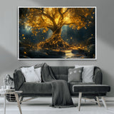 92739-MGV-CV-36X24-Glowing Tree Wall Art – Enchanted Golden Forest Canvas Print, Mystical Illuminated Nature Painting Poster for Living Room,