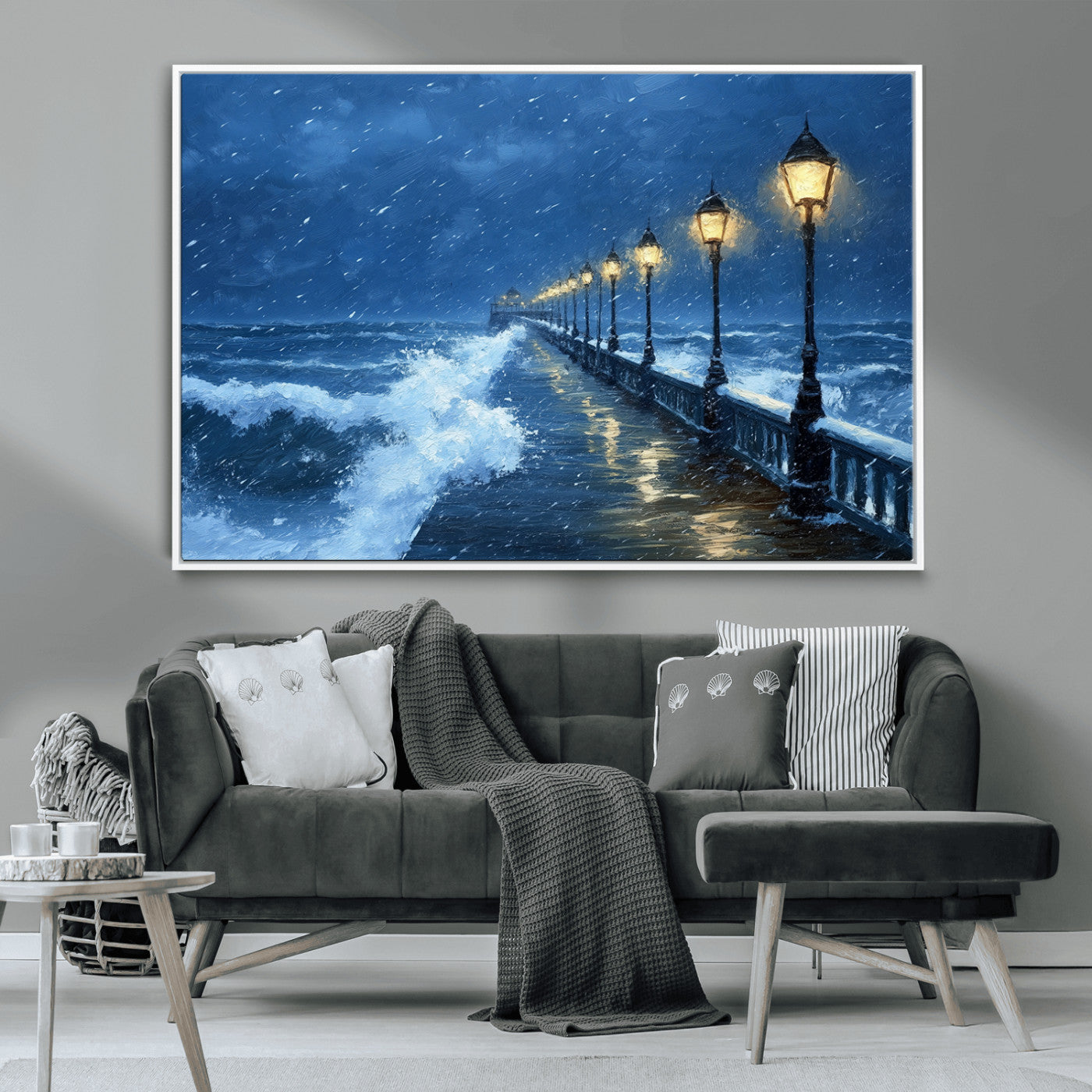 32668-MGV-CV-36X24-Stormy Pier Wall Art – Ocean Waves and Street Lamps Canvas Print, Rainy Night Seascape Oil Painting Poster for Living Room,