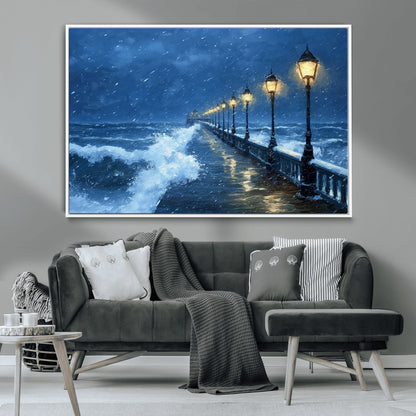 32668-MGV-CV-36X24-Stormy Pier Wall Art – Ocean Waves and Street Lamps Canvas Print, Rainy Night Seascape Oil Painting Poster for Living Room,