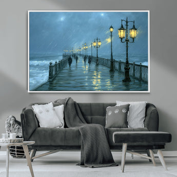 79606-MGV-CV-36X24-Rainy Pier Night Wall Art – Ocean Waves and Street Lamps Canvas Print, Moody Seascape Oil Painting Poster for Living Room,