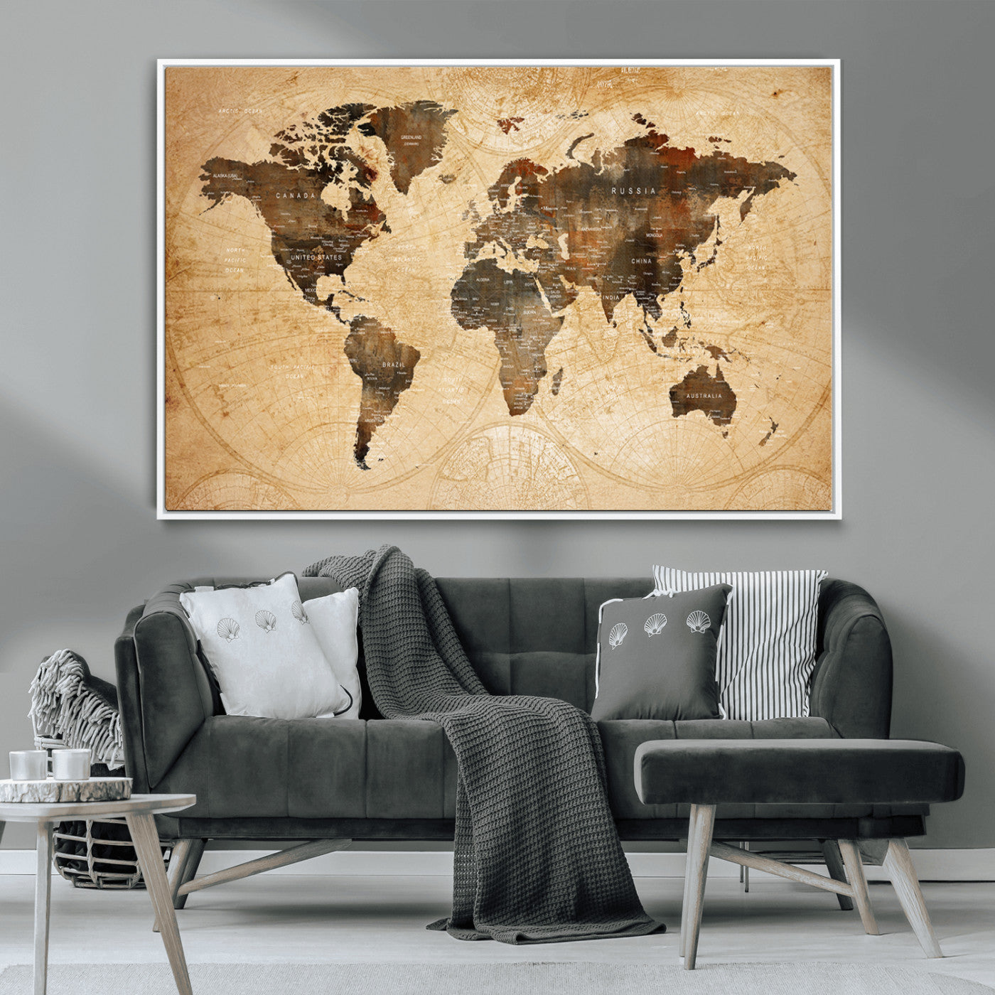 29278-MGV-CV-36X24-World Map Wall Art – Rustic Vintage Earth Tone Canvas Print, Antique Style Global Map Poster for Living Room, Bedroom, Office or