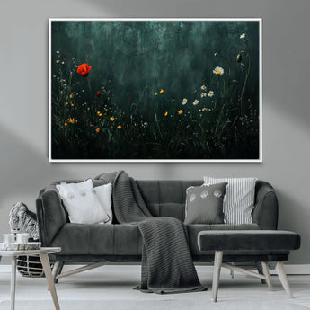 26218-MGV-CV-36X24-Wildflower Wall Art – Dark Botanical Floral Canvas Print, Modern Nature Painting Poster with Daisy Poppy Yellow Flowers for Living