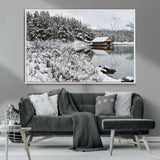 29975-MGV-CV-36X24-Winter Cabin by the Lake Wall Art – Snowy Mountain Landscape Canvas Print, Rustic Lodge Cabin Decor for Cozy Living Room, Bedroom