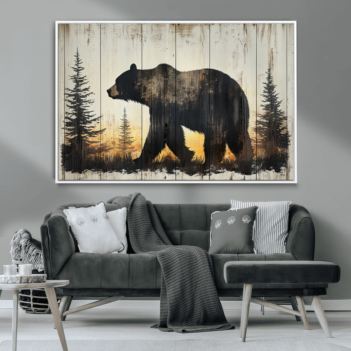 83875-MGV-CV-36X24-Sunset Bear Wall Art – Rustic Wildlife Canvas Print with Forest Silhouette, Cabin Lodge Decor for Living Room or Office