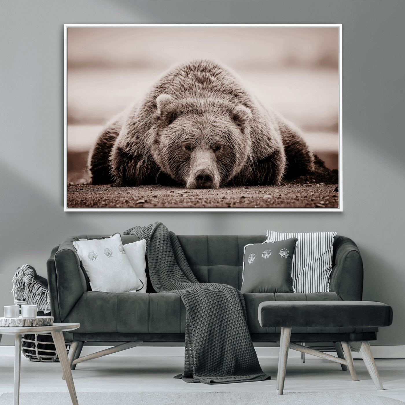 20611-MGV-CV-36X24-Grizzly Bear Wall Art – Majestic Wildlife Sepia Canvas Print, Rustic Nature Animal Artwork for Cabin, Lodge, Living Room, Bedroom,