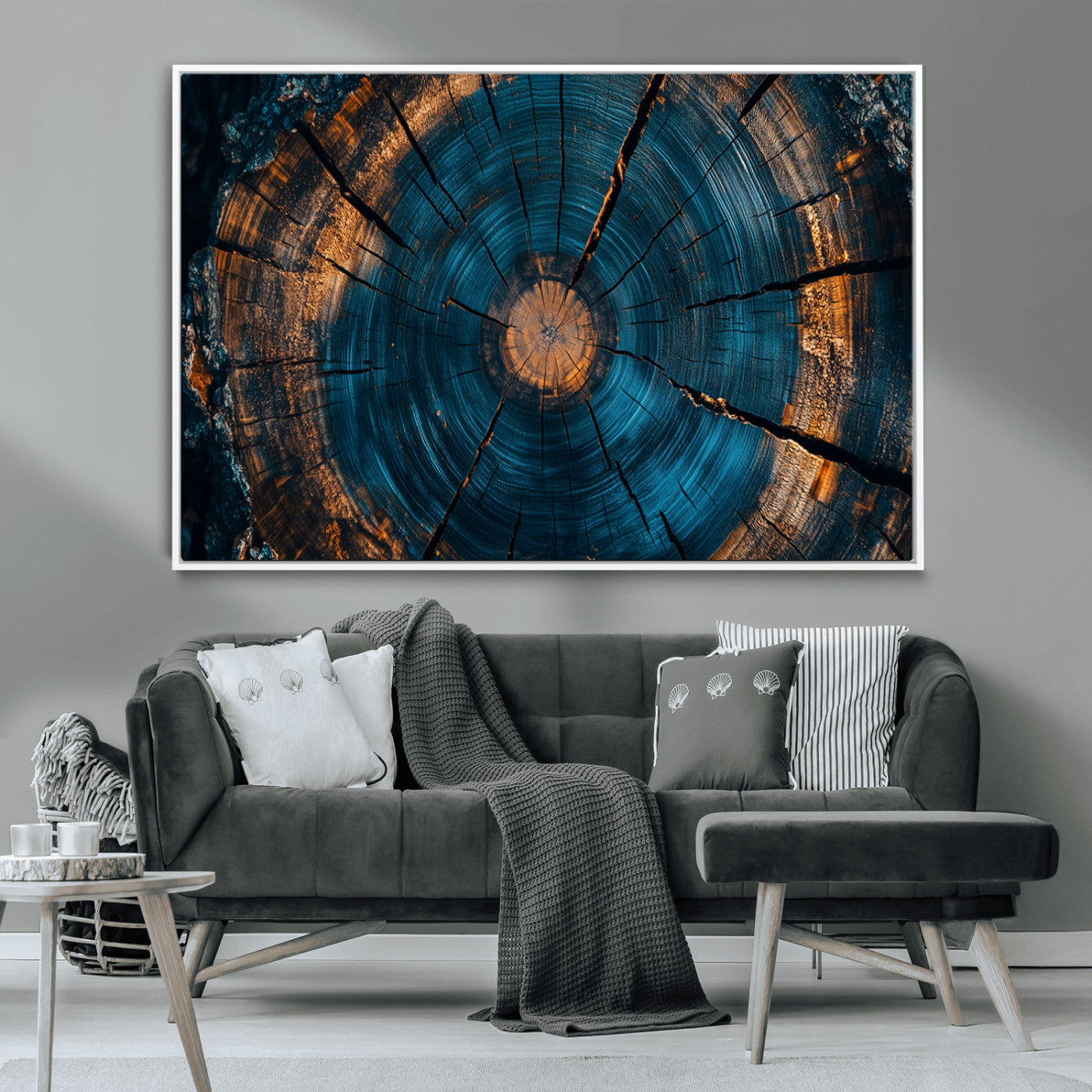 65231-MGV-CV-36X24-Blue and Gold Tree Ring Wall Art – Rustic Abstract Wood Slice Canvas Print, Modern Nature Inspired Artwork for Living Room,