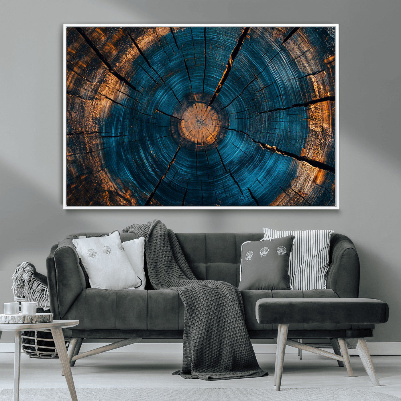 13398-MGV-CV-36X24-Tree Ring Wall Art – Abstract Wood Grain Canvas Print with Blue and Orange Accents, Rustic Nature Inspired Artwork for Living